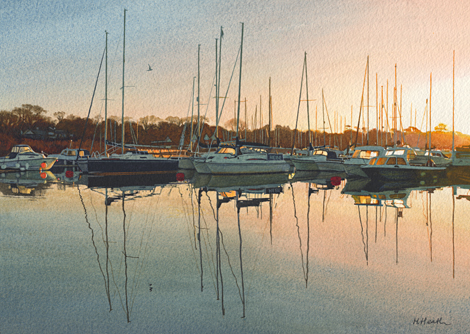 A watercolour painting of Lymington Quay at winter sunrise by Margaret Heath RSMA.